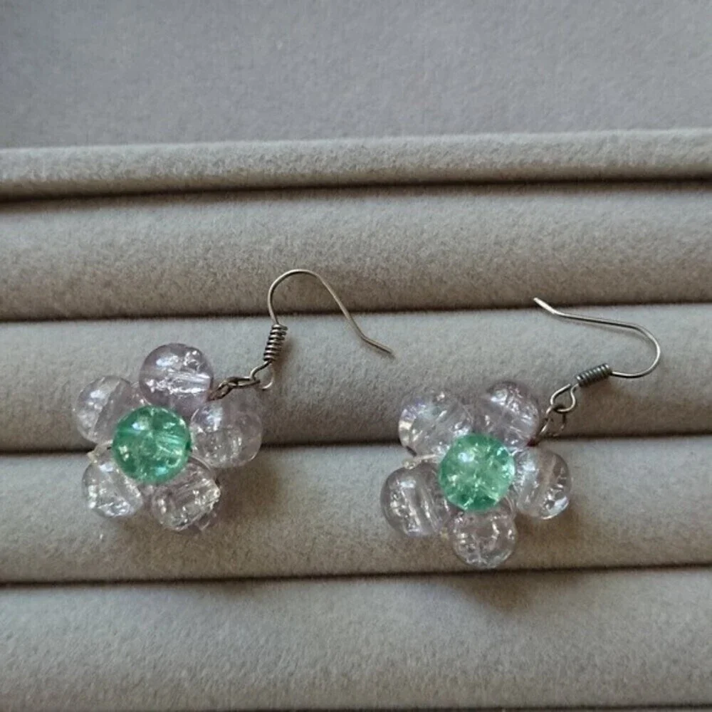Purple & green flower glass stones earrings